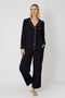 Women's Long Sleeve Satin Pajama Set – Shirt Collar, Piped , Pockets, White / Black, Winter - 2