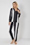 Women's Long Sleeve Satin Pajama Set – Black and White Striped, Shirt Collar, Piped , Winter - 4