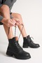 Women's Genuine Leather Zippered Lace-Up Casual Boots - Black