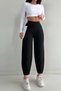 Women's Black High Waist Balloon Leg Ankle Length Flowy Stretchy Crepe Fabric Pants