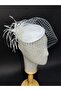 White Bridal Fascinator Hat Feather and Pearl Embroidered Veil Wedding Hair Accessory - 4