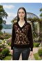 V-Neck Embossed Ethnic Motif Figured Transparent Crisp Blouse with Tiny Collar Accessories
