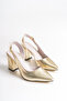 Women's Gold Gold Crinkled Patent Leather Side Open Thick Pointed Heeled Shoes