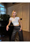Women's White Draped Degaje Collar Short Sleeve Body Hugging Sandy Fabric Crop Blouse - 2