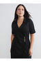 Black Shirt Collar Gathered Dress - 2