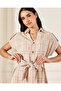 Women Beige Checkered Button Down Shirt Dress - 4