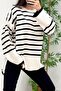 Long Sleeve Crew Neck Striped Black Oversized Knitwear Sweater - 2