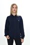 Navy Blue Girl's Mock Neck Zippered Pocket Embroidery Printed Knitted Cardigan - 2 Thread