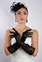 Elegant Black Satin Short Bridal Gloves and Chic Wedding Fascinator Hat Set - 4