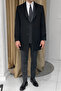 Slim Fit Pointed Collar Punto Stitched Long Wool Black Cashmere Coat - 3