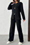 Women's Black Gold Button Detailed Bottom and Top Two-Piece Knitwear Set - 2