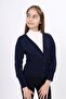 Navy Blue Girls' V-Neck Buttoned Off-Shoulder Corset Cut Knitted School Cardigan - 2 Thread Camisole - 4