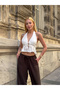 Women's White Halter Neck Tie Back and Front Tie V Neck Low Cut Ruffle Linen Crop Blouse