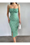 Women's Green Floral Gathered Bust Slit Strap Bust Low Cut Midi Dress