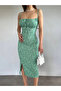 Women's Green Floral Gathered Bust Slit Strap Bust Low Cut Midi Dress - 2