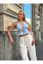 Women's Blue Halter Neck Tie Back Deep V Neck Low Cut Ruffled Linen Crop Blouse - 7