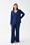 Women's Navy Buttoned Collar Detail Cotton Pajama Set - 5