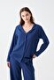 Women's Navy Buttoned Collar Detail Cotton Pajama Set - 2