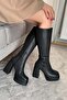 Women's Sera Black Platform Heeled Below-The-Knee Boots Blunt Toe Zippered Boots - 5