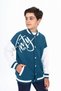 Petrol Blue Boys' College Collar Snap Closure Pocket Low Shoulder Printed Color Block Knitted Cardigan - 3