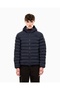 Men's Hooded Collar Pocket Detail Zipper Closure Long Sleeve Navy Blue Coat