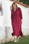 Wine Color Double-Breasted Collar Gathered Sleeves Casual Midi Length Woven Dress 120 60 - 2