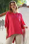 Italian Pomegranate Flower Shirt Collar Buttoned Long Sleeve Pocketed Linen Back Long O Oversized Woven Blouse 75 70