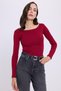 Women's Slim Fit Slim Fit Cotton Modal Fabric Long Sleeve Boat Neck Dark Burgundy Blouse - 2