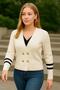 Women's Gold Buttoned V-Neck Ribbed Sleeve Striped Detail Sweater-Cardigan - 2
