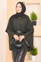 Houndstooth Patterned Belted Hijab Poncho Khaki - 5