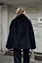 Black Double Pocket Snap Closure Thai Feather Oversized Women's Coat - 5