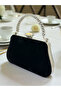 Black Suede Crystal Stone Metal Handle Chain Strap Evening Dress Bag Wedding Engagement Graduation - 2