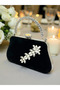 Black Suede Crystal Stone Metal Handle Chain Strap Evening Dress Bag Wedding Engagement Graduation - 2