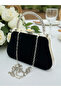 Black Suede Crystal Stone Metal Handle Chain Strap Evening Dress Bag Wedding Engagement Graduation - 6