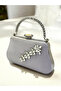 Silver Gray Color Glittery Satin Crystal Stone Handle Women's Evening Dress Bag - 2