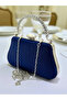 Navy Blue Color Glittery Satin Crystal Stone Handle Women's Evening Dress Bag - 6