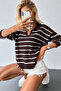 Mocha Brown Striped Relaxed Fit Polo Neck Knit Sweater Blouse - 2