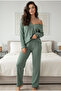Green Brushed Soft Textured Corded Fabric Ribbed Knit Knitted Buttoned Cardigan Pajama Suit 7962 - 3