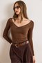 Women's Bitter Brown Deep V-Neck Lace Detailed Stretchy Cotton Blouse Blz-19002954 - 6