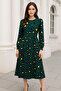 Women's Green Patterned Midi Length Dress with Elastic Waist - 5