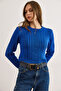 Women's Cobalt Blue Wave Knitted Crop Knitwear Sweater Kzk-19000822 - 3