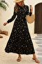 Women's Long Sleeve V-Neck Elastic Waist Patterned Single Jersey Dress
