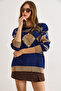 Women's Tan Navy Blue Diamond Patterned Thick Knit Sweater Kzk-19001042 - 6