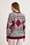 Women's Burgundy Gray Diamond Patterned Thick Knit Sweater Kzk-19001042 - 3