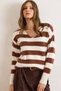 Women's Brown Ecru V-Neck Striped Beard Knitwear Sweater Kzk-19001041