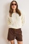 Women's Ecru Lace-Like Knit Crop Knit Sweater Kzk-19001043 - 6