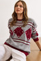 Women's Burgundy Gray Diamond Patterned Thick Knit Sweater Kzk-19001042