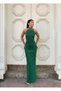 Crepe Stretch Fabric Long Sleeve Turtleneck Evening Dress with Stone and Pearl Detail 583330 Emerald