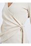Beige Ribbed Wrap Top with Tie Detail - 3