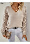 Women's V-Neck Hollow Out Sleeves Diamond Pattern Knitwear Blouse Sweater